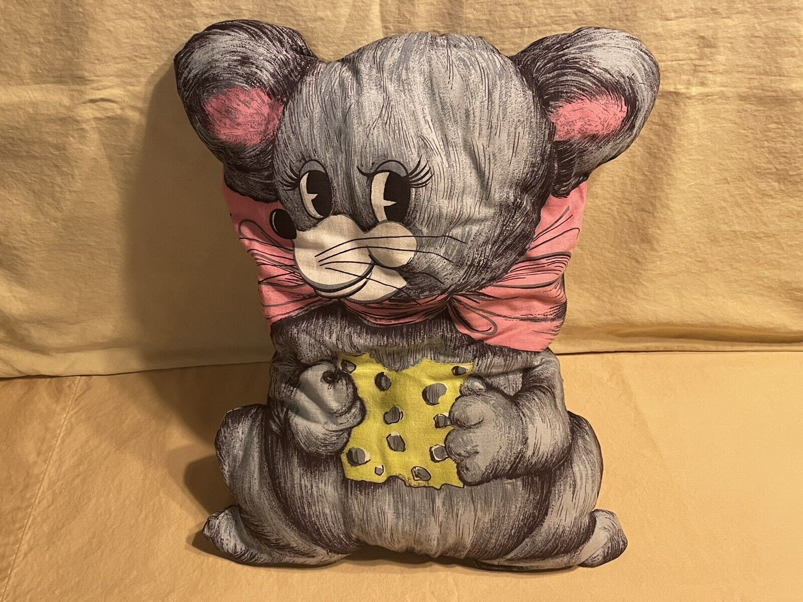 Vintage Mouse W/ Cheese & Bow Throw Pillow Kids Childrens Rare Soft