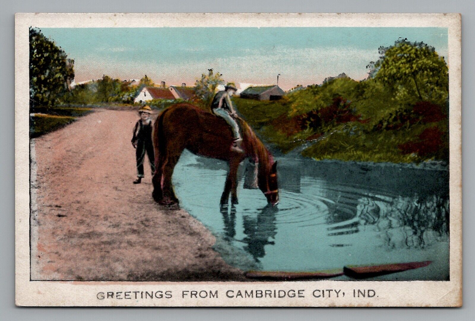 Greetings from Cambridge City IN Boy on Horse Drinking Water Unposted Postcard
