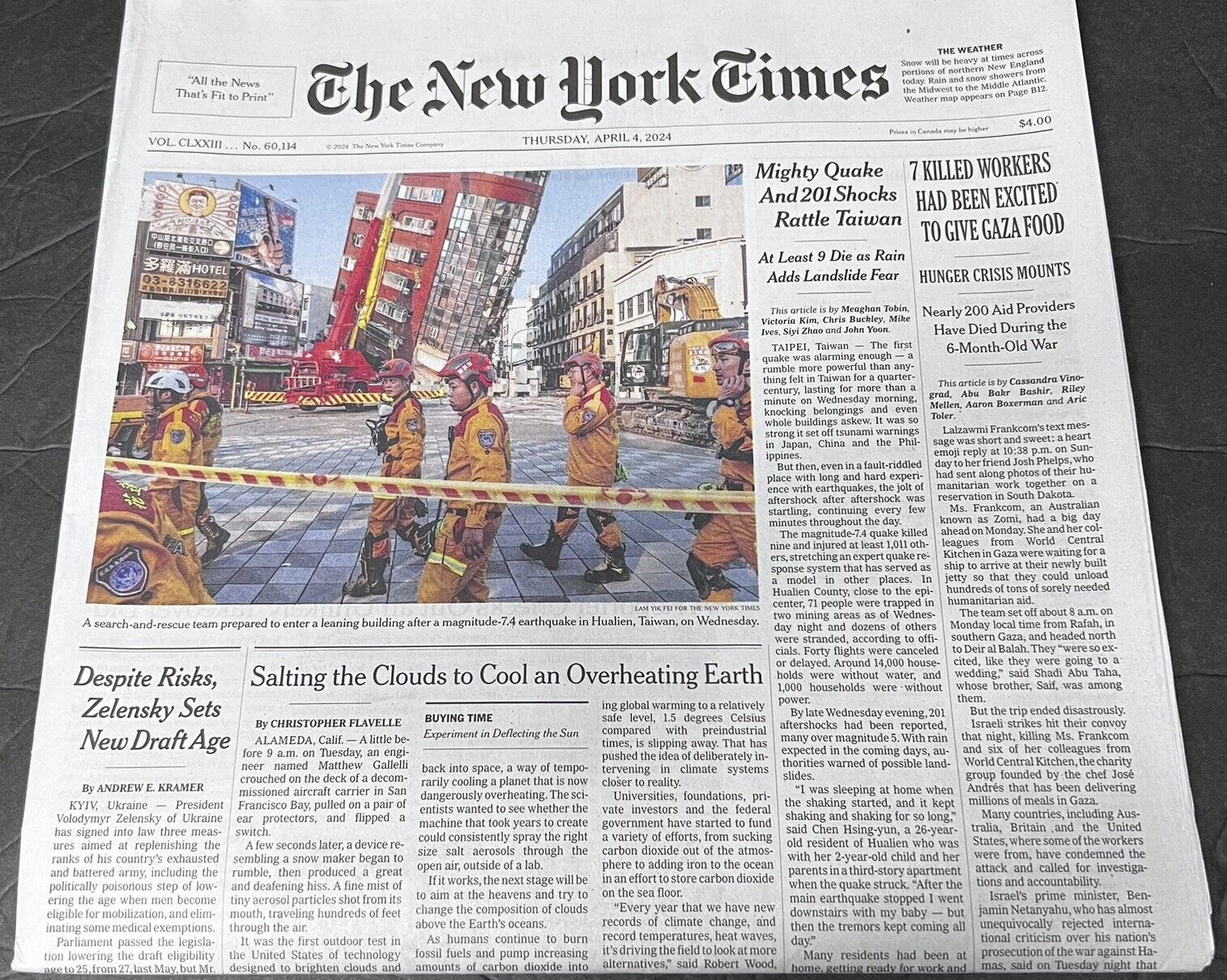 The New York Times Newspaper April 4 2024 Magnitude-7.4 Earthquake In Taiwan NEW