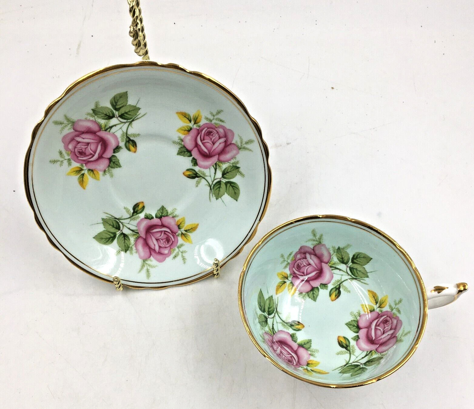 Vintage Floating Pink Roses on Mint Green Paragon By Appointment Teacup/Saucer