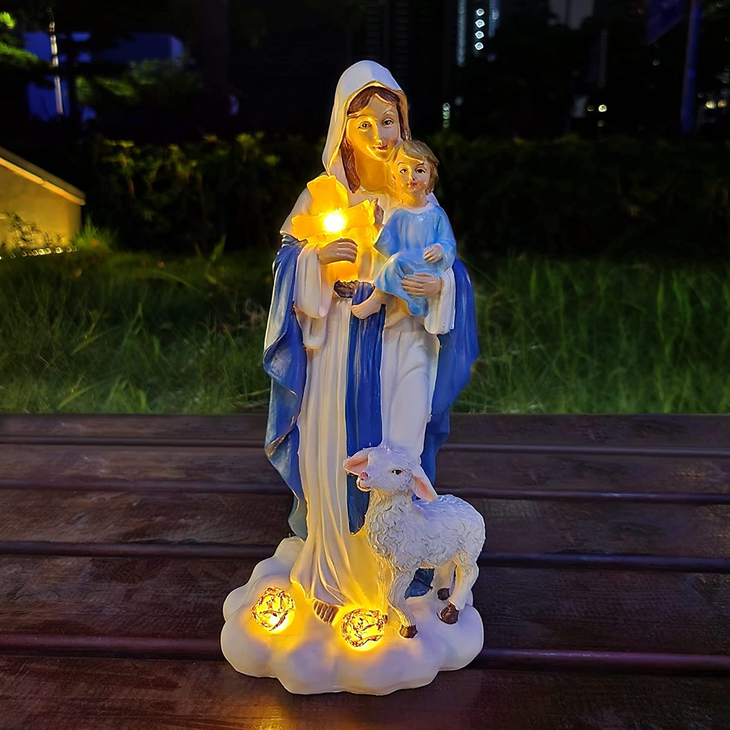 Voveexy Virgin Mary Statue with Baby Jesus, Solar Mother Mary Statue Resin Figur