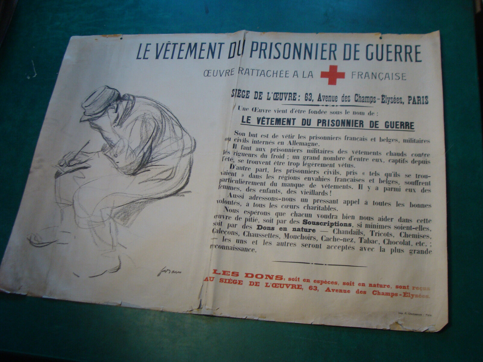 original WWI poster: LE VETEMENT OU PRISONNIER DE GUERRE red cross 