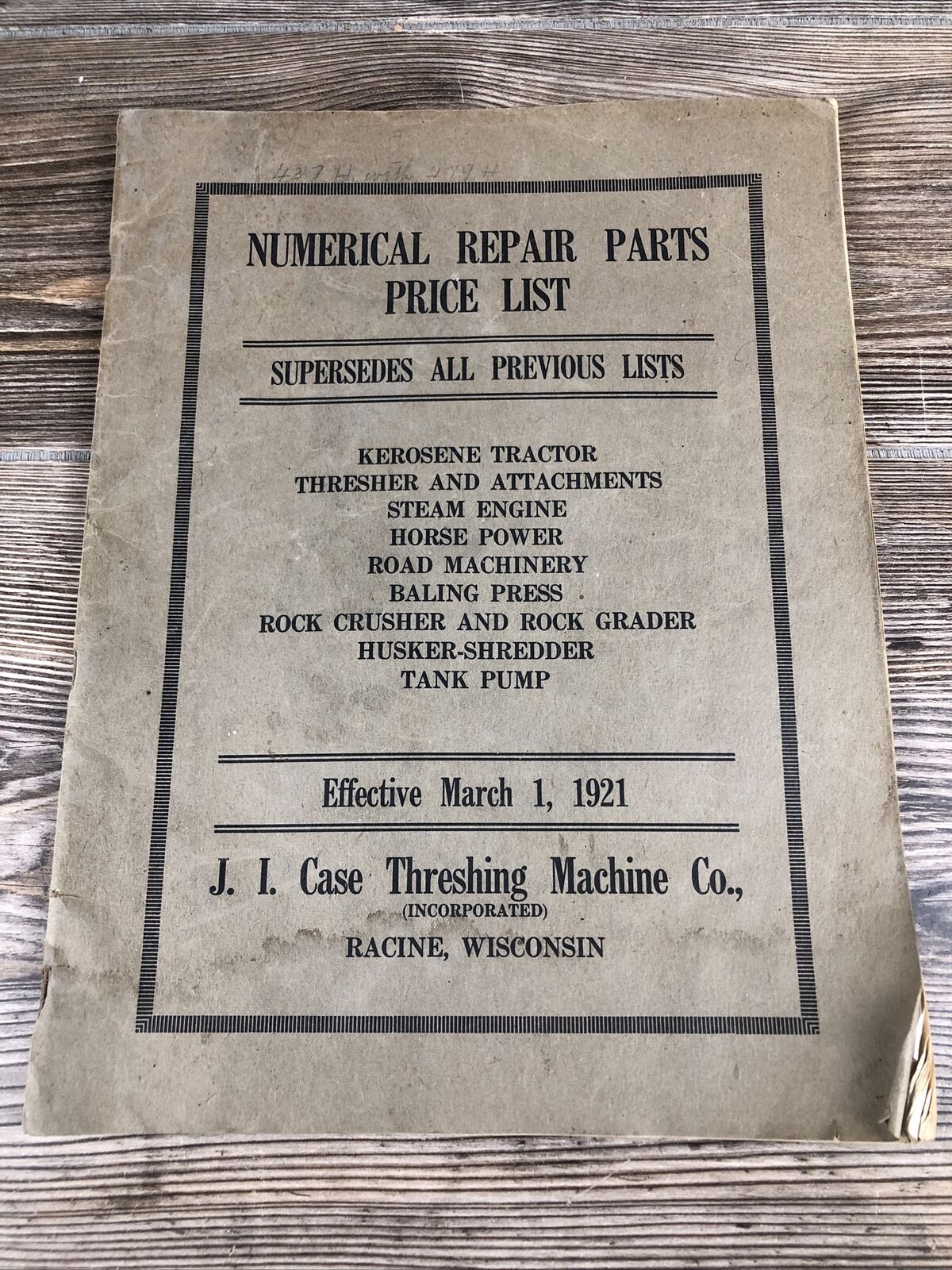 1921 J.I. Case Threshing Machine Co. Repair Parts Price List Racine Wisconsin