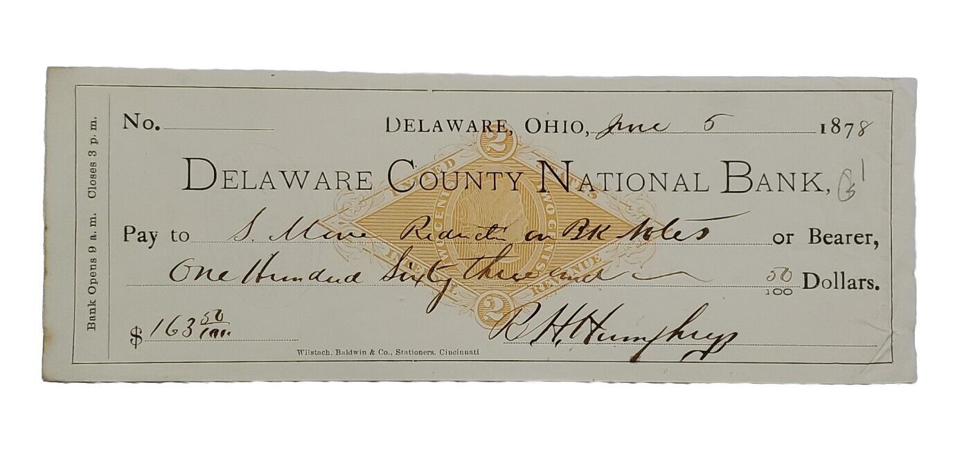 1878 Bank Check: Delaware County National Bank, Delaware, OH - R.H. Humphry