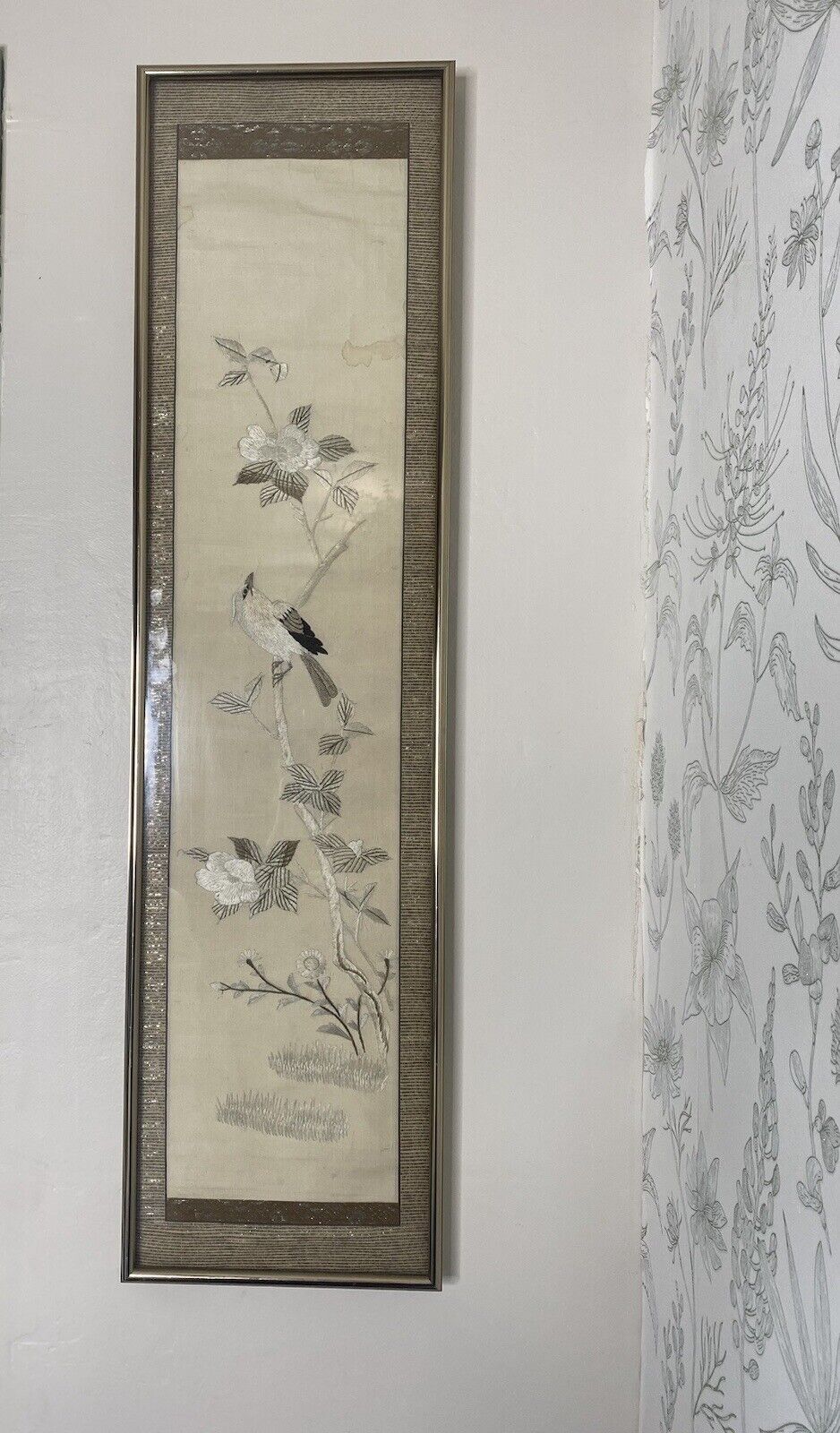 VINTAGE Chinese Silk Embroidery Framed Art Bird Floral 