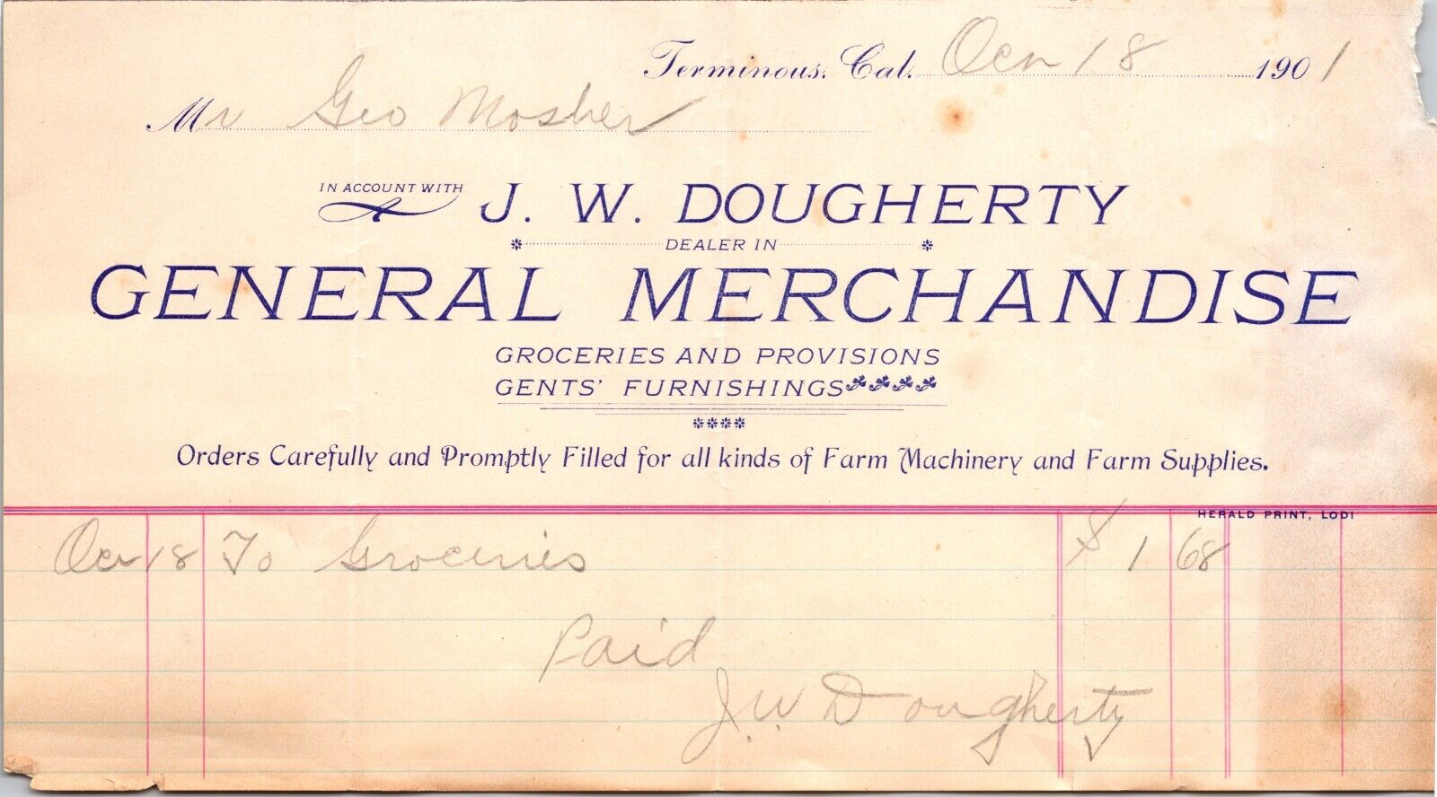 JW Dougherty Terminous CA 1901 Billhead San Joaquin County General Merchandise