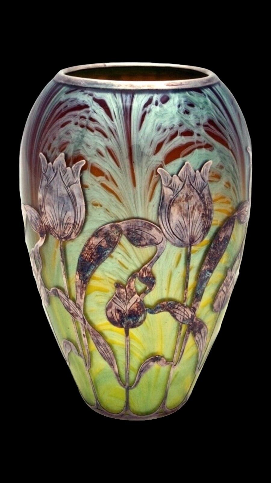 Loetz Titania Glass Vase with Silver Tulip Flower Overlay