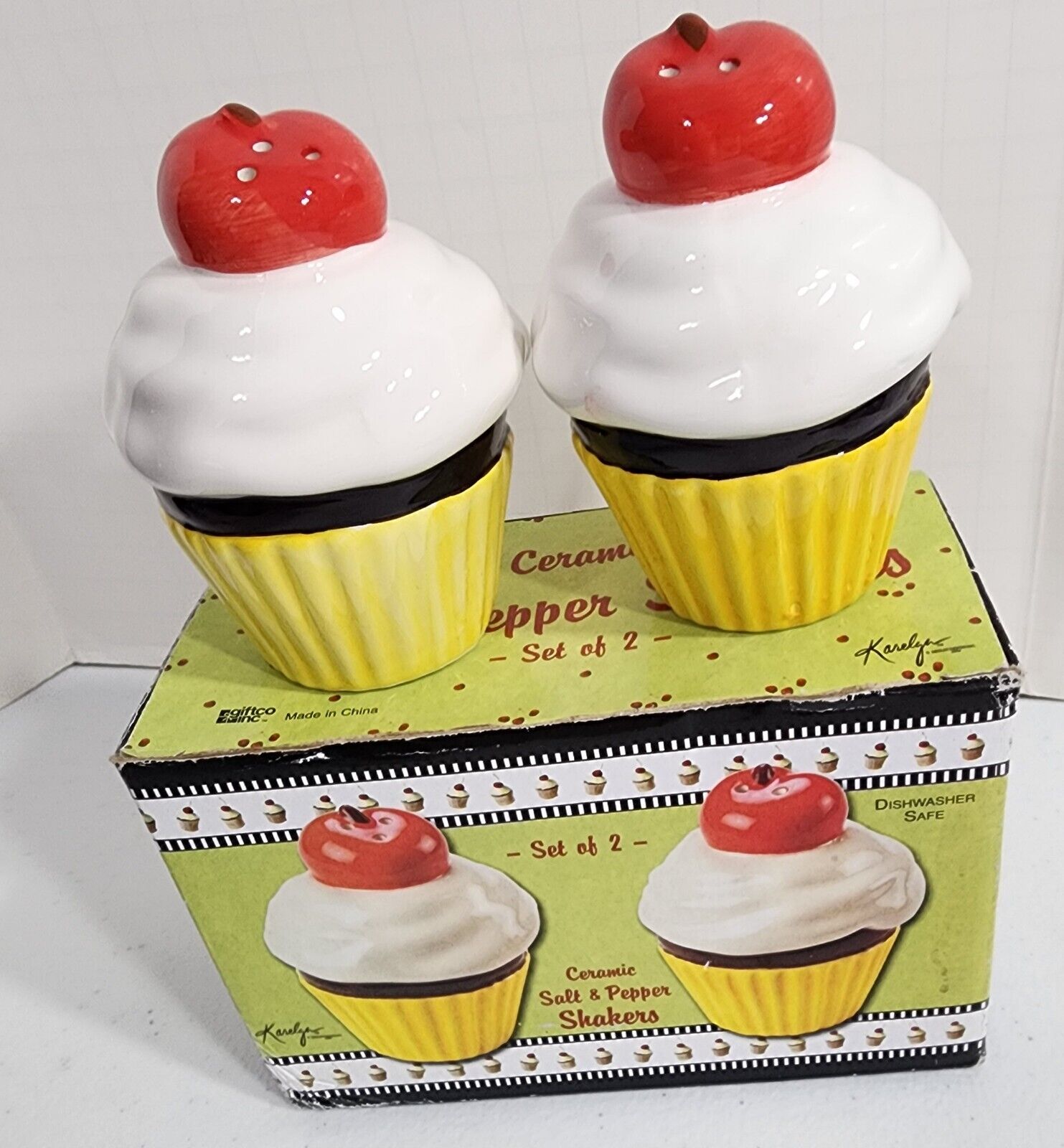 Giftco Ceramic White Frosted Chocolate Cupcake Salt & Pepper Shakers Cherry