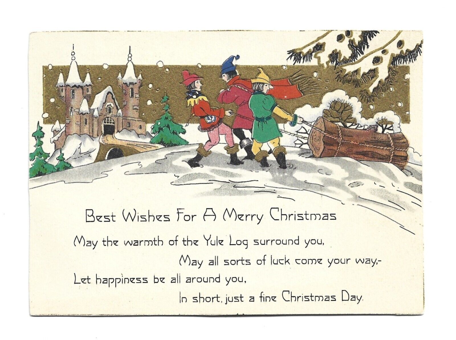 Vtg Christmas Card Medieval Castle Jesters Pulling Yule Log 1920\'s