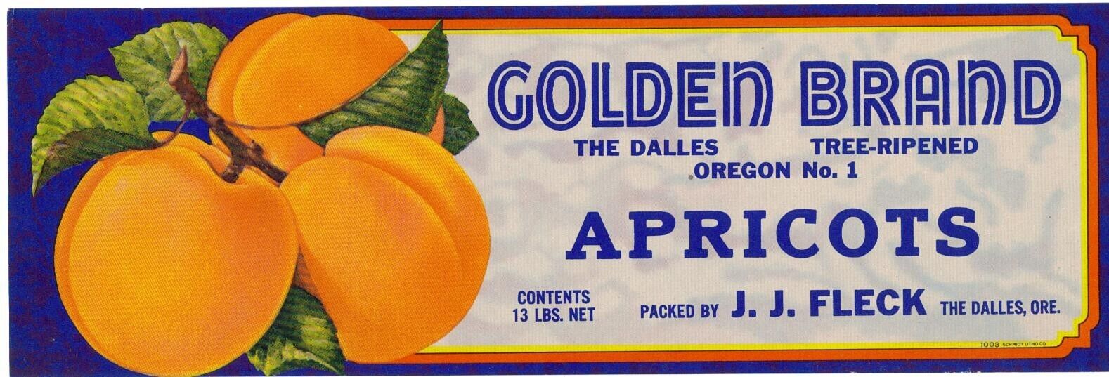 Original GOLDEN apricot crate label J.J. Fleck The Dalles Oregon No. 1 tree ripe