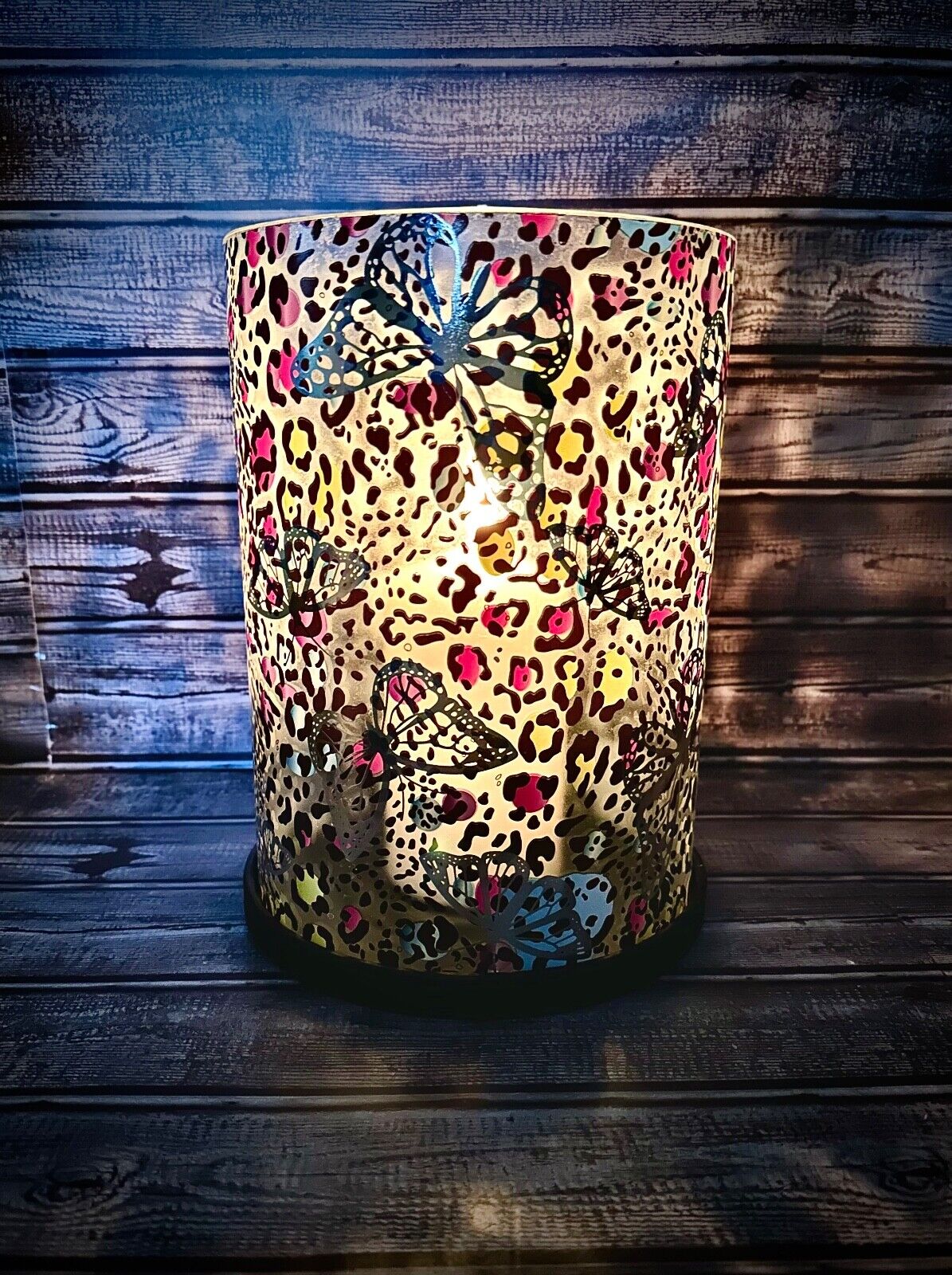 Large Glass Hurricane Candle Holder Leopard & Butterfly Pattern By Partylite