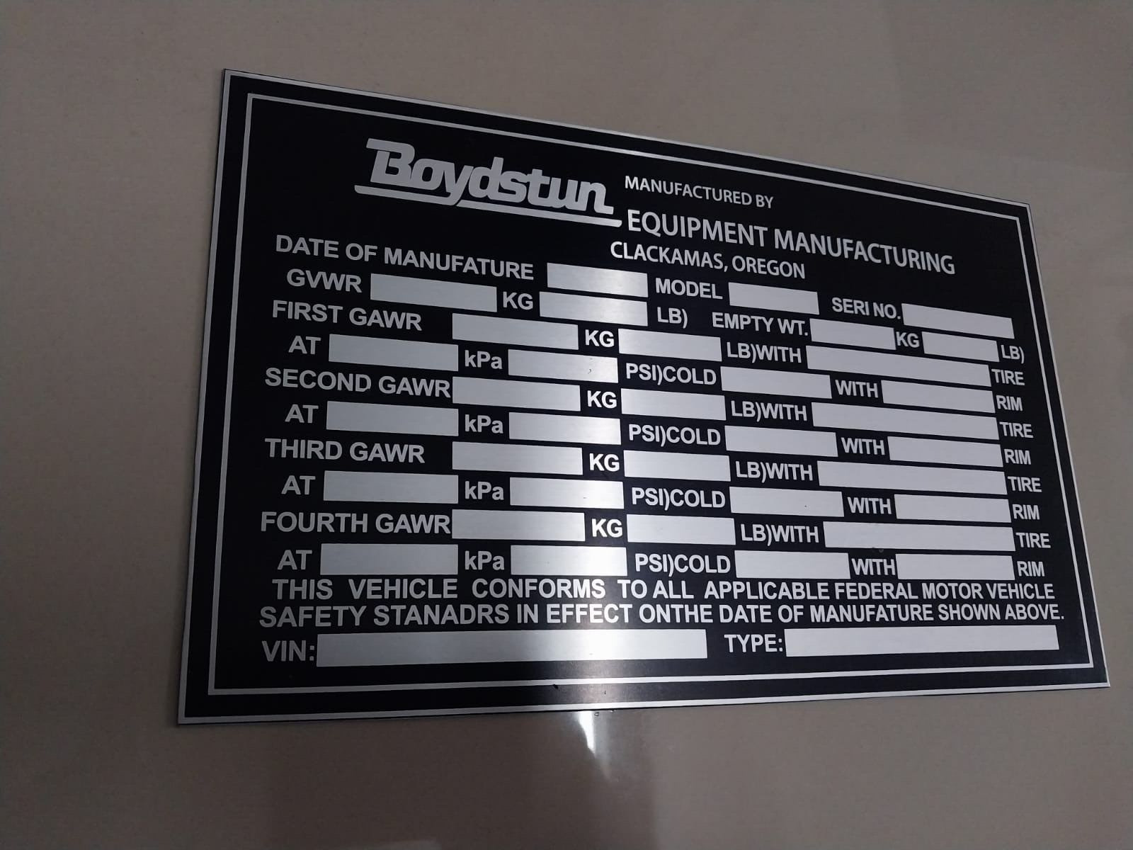 Boydstun Truck Trailer Data Plate Aluminum Blank