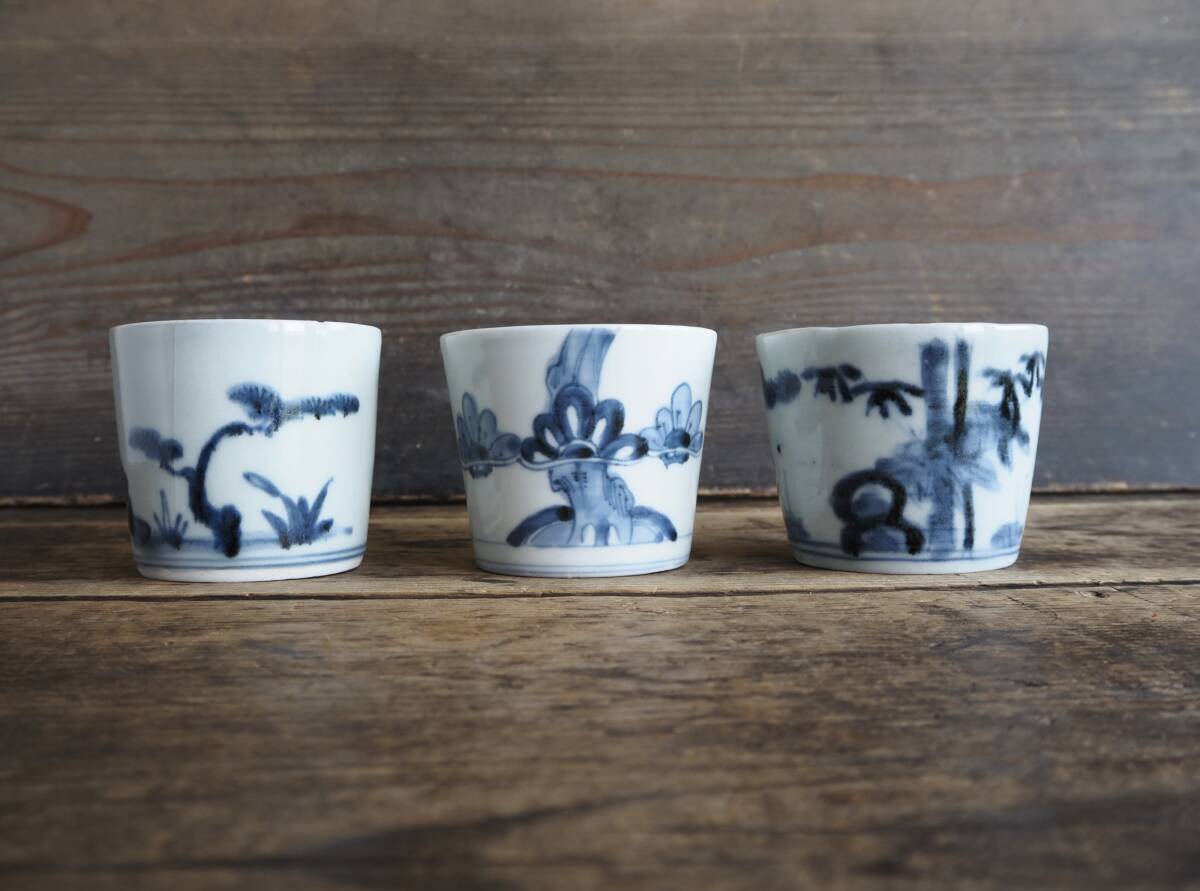 Old Imari Blue and White Soba Sake Cups, Set of 3
