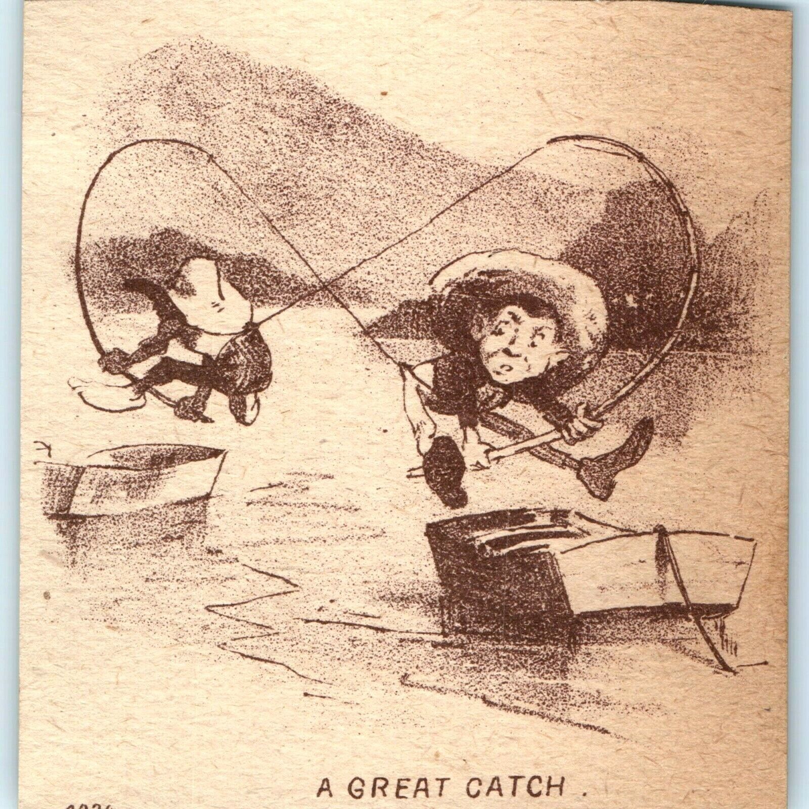 c1880s Funny Boys Boat Fishing Trade Card Poles Catch Friend Comic Brown C29 