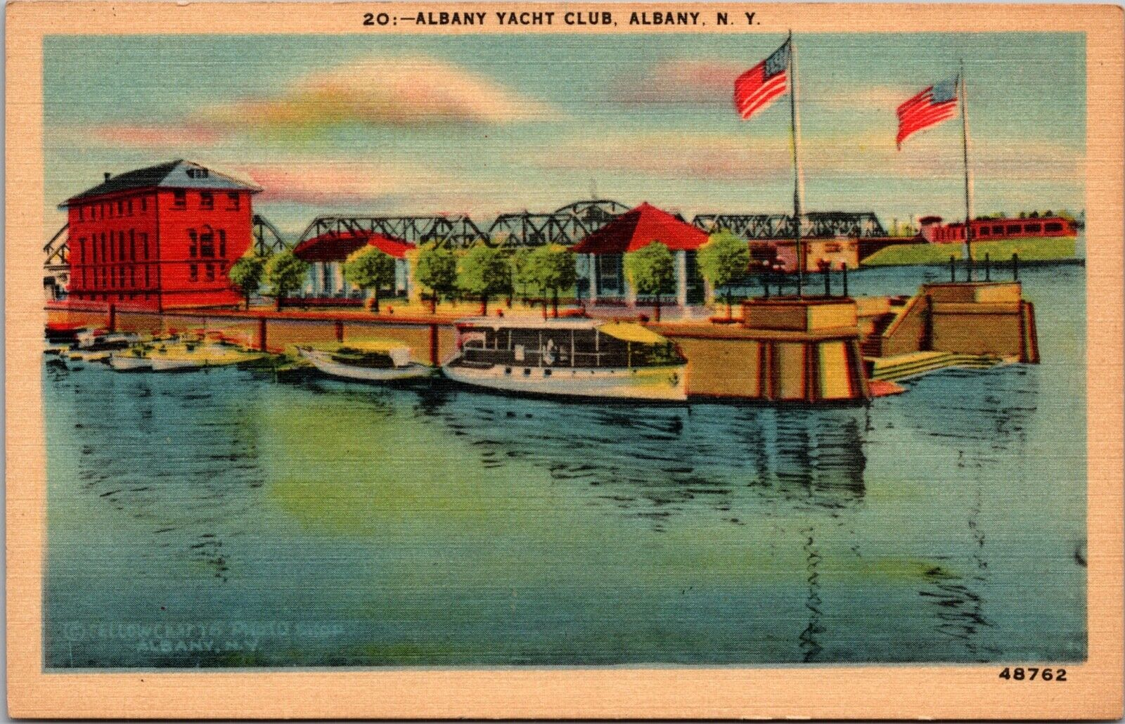 Postcard NY Yacht Club House Boats Dock Pier Flags Water View Albany New York