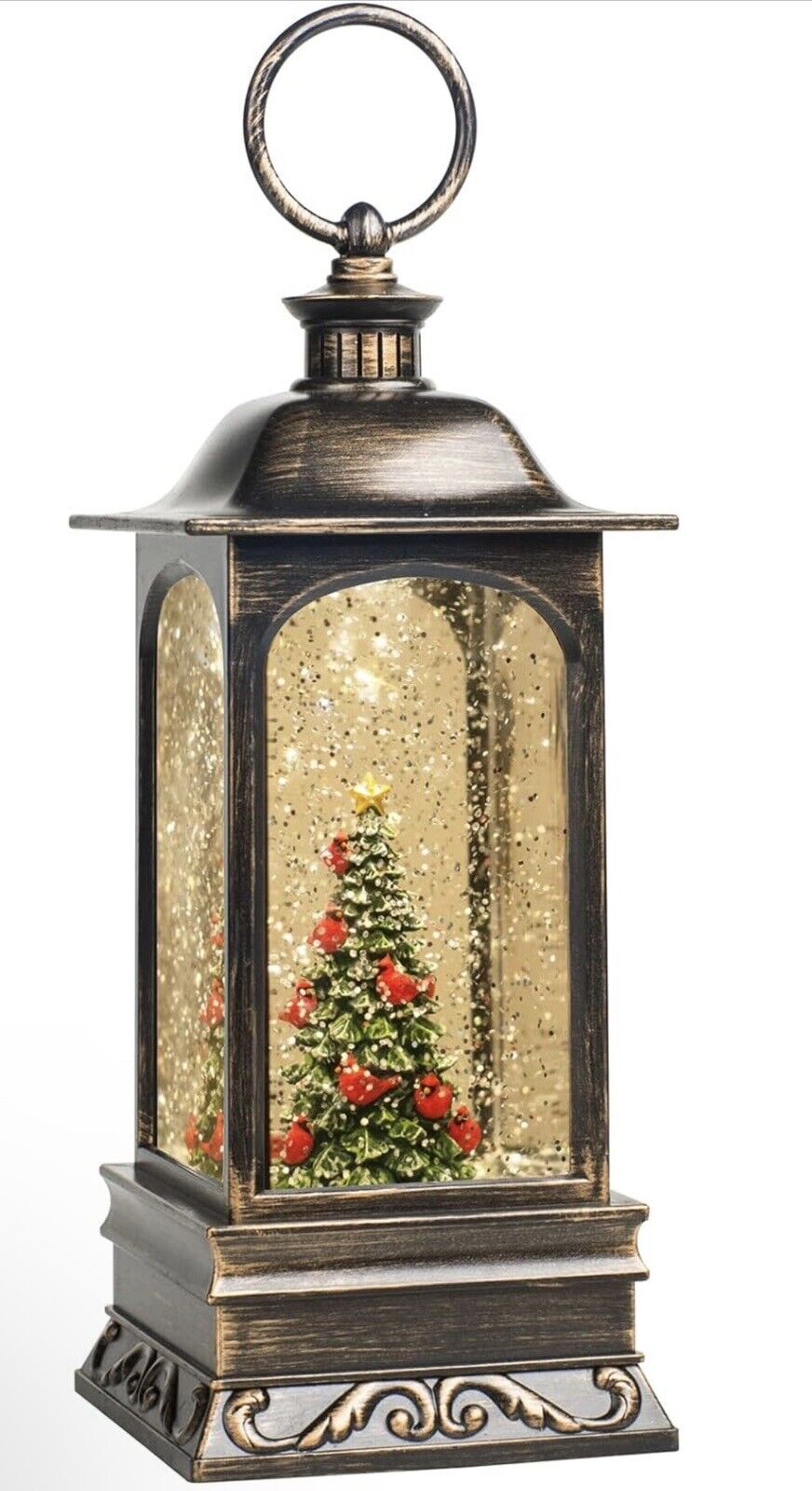 Festive 10\'\' Christmas Globe: Cardinals, Lights, Music. USB/Battery.