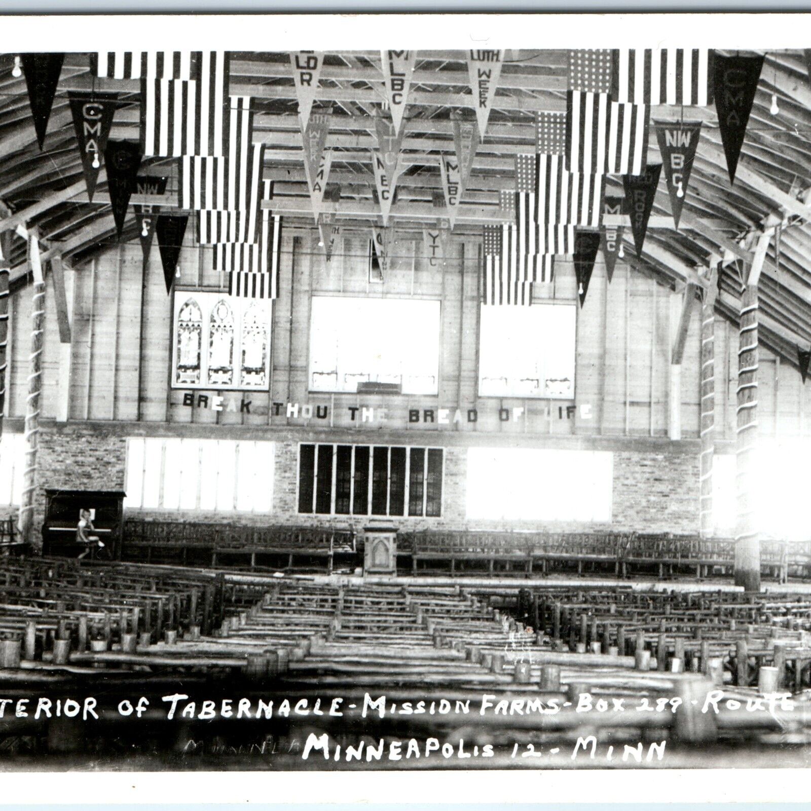 c1950s Minneapolis, MN Tabernacle RPPC Church Interior Flags Mission Farms A168