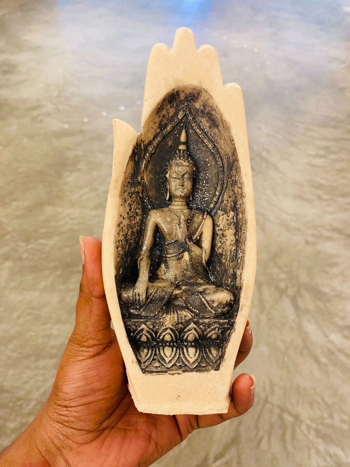 BUDHDHA Statue in Hand Natural Stone craving Sri Lankan Home decor Collectible