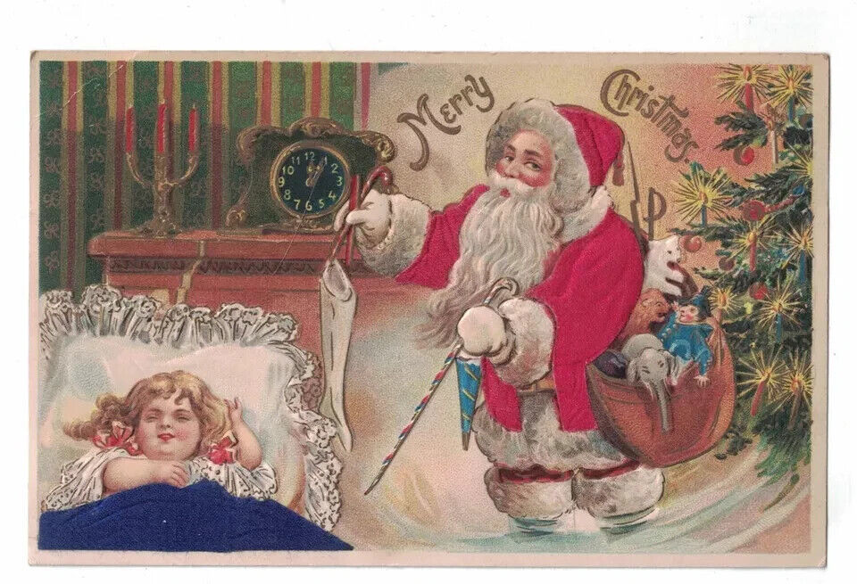 Silk Santa Claus with Sleeping Girl~Clock~Toys ~Antique Christmas Postcard~h920