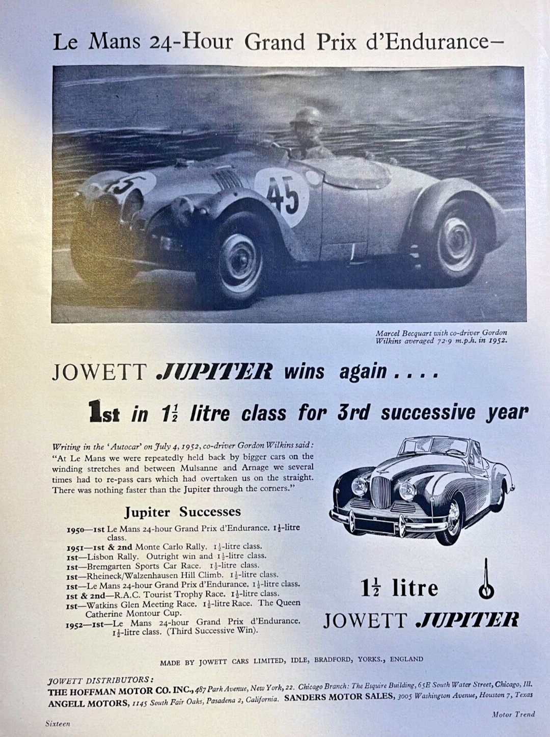 1952 Magazine Advertisement Jowett Jupiter Wins Again Le Mans