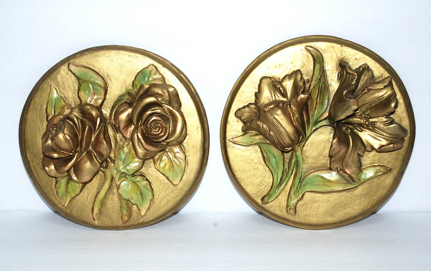 CHALKWARE Plaster Gold Flowers Motif Wall Hanging Plaque WW2 1940\'s Pair Old