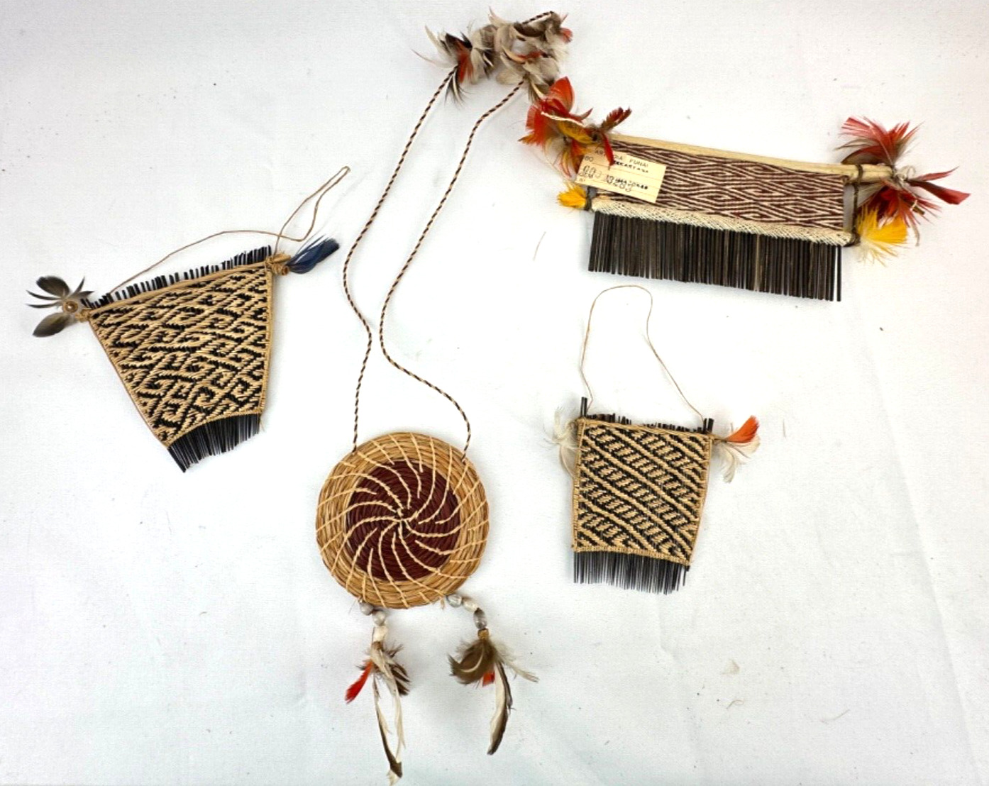 Antique Vtg Amazon Brazilian Karyana Tribe Hair Comb & 3 Wall Hangings Brazil