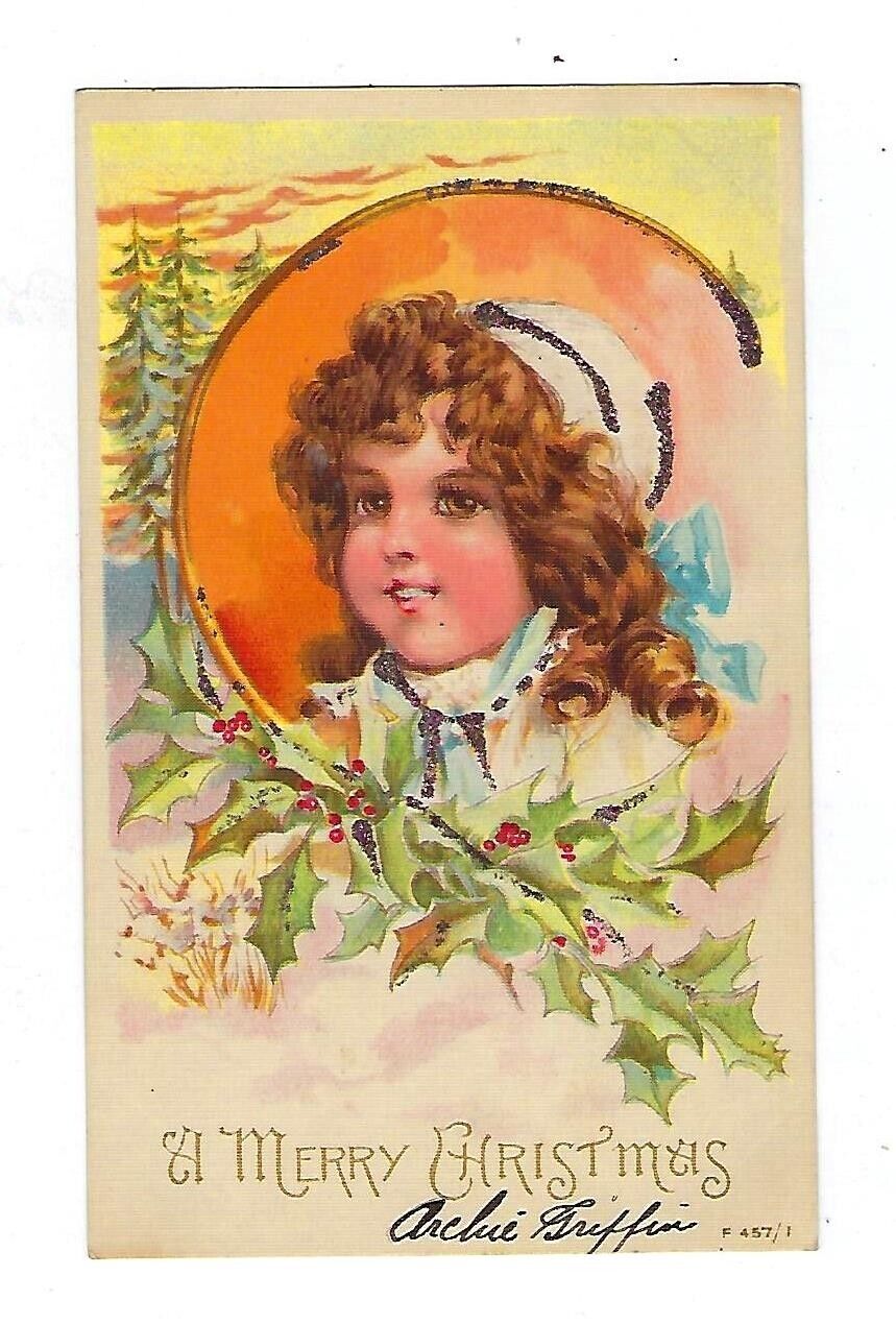 Early 1900\'s Rotograph Christmas Postcard Young Girl W/Holly & Glitter Outline