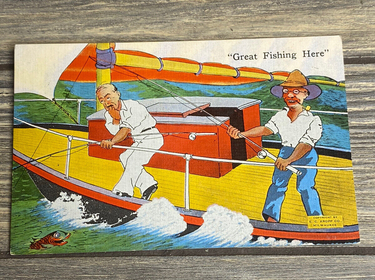 Vintage Postcard Great Fishing Here Men Sailboat Ocean Postmarked 1942