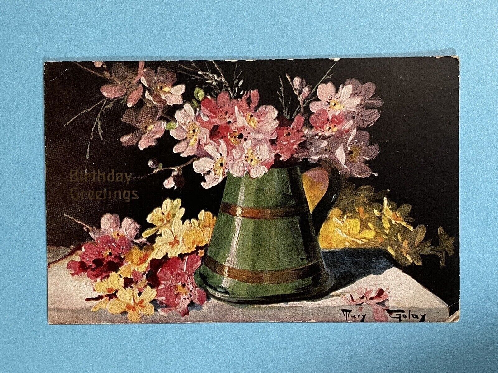 Vintage Artist Signed Mary Golay Floral Novelty Art Birthday Postcard Germany