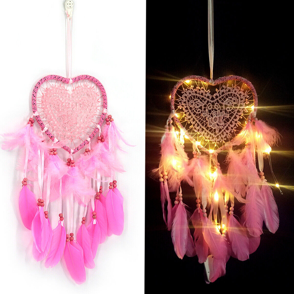 LED Light Dream Catcher Heart Shape Pink Feather Hanging Decor Wedding Xmas Gift