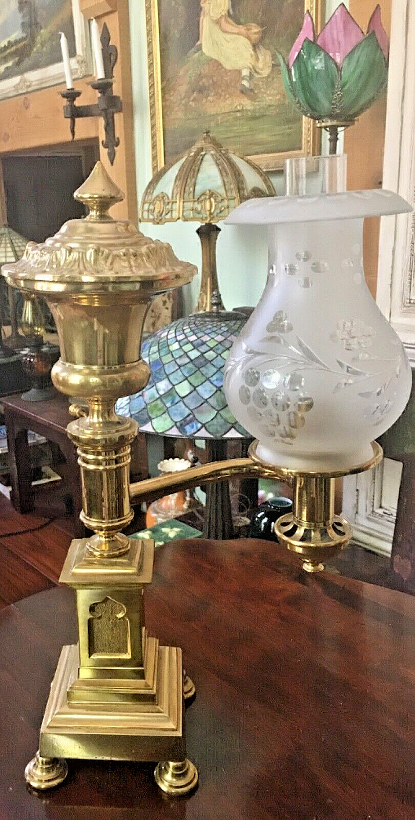 Antique Gilt Bronze Argand Lamp w/ Cut Glass Argand Solar Shade