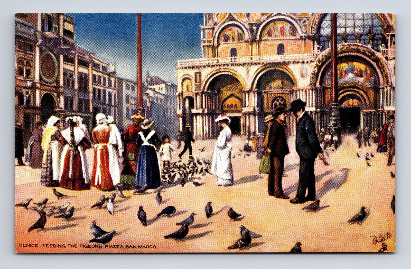 Feeding Pigeons Piazza San Marco Cathedral Venice Italy Tuck\'s Oilette Postcard