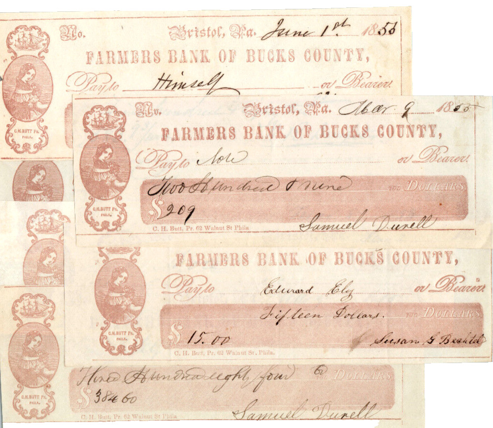 Bristol Pennsylvania Farmers Bank Of Bucks County 1850s Checks