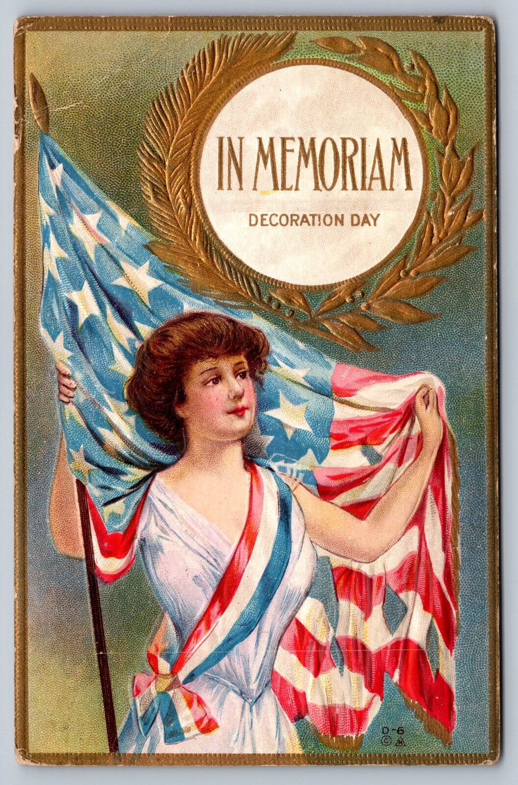 1917 postcard IN MEMORIAM DECORATION DAY lady with US flag