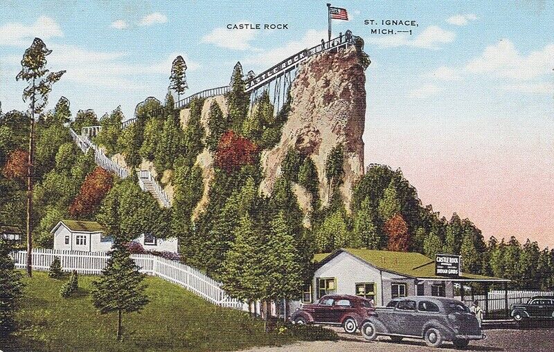 St Ignace MI Postcard Castle Rock Linen Unused Circa 1940's