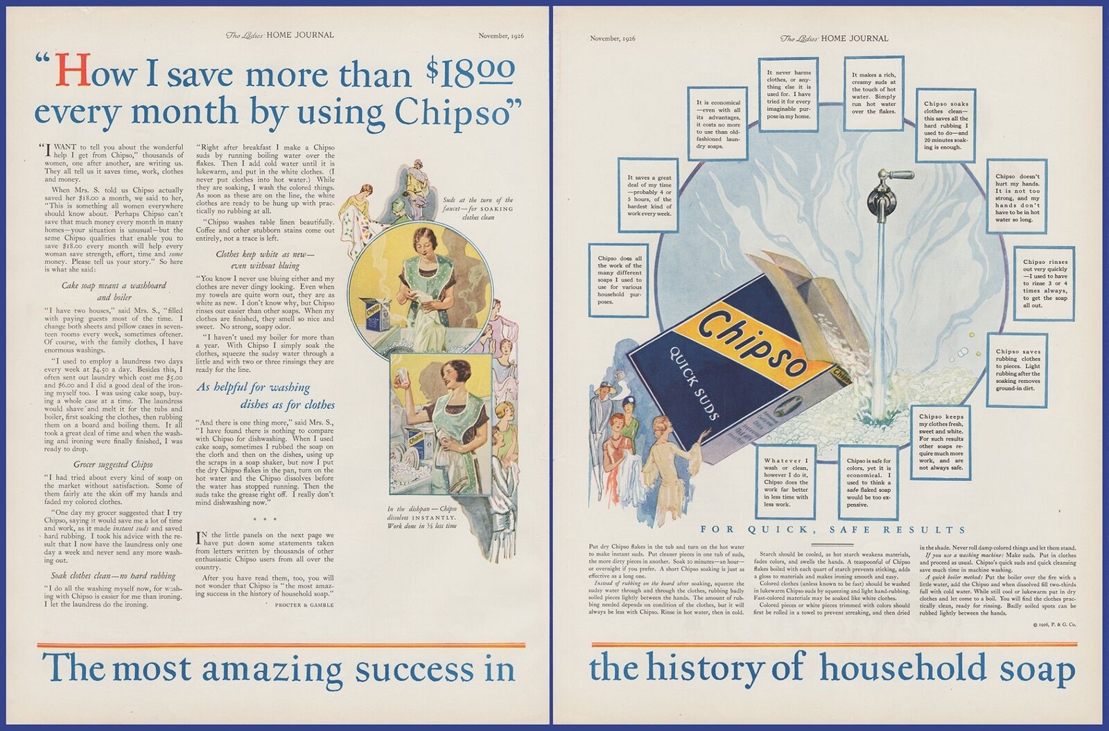 Vintage 1926 CHIPSO Quick Suds Laundry Dish Soap Detergent 1920\'s Print Ad