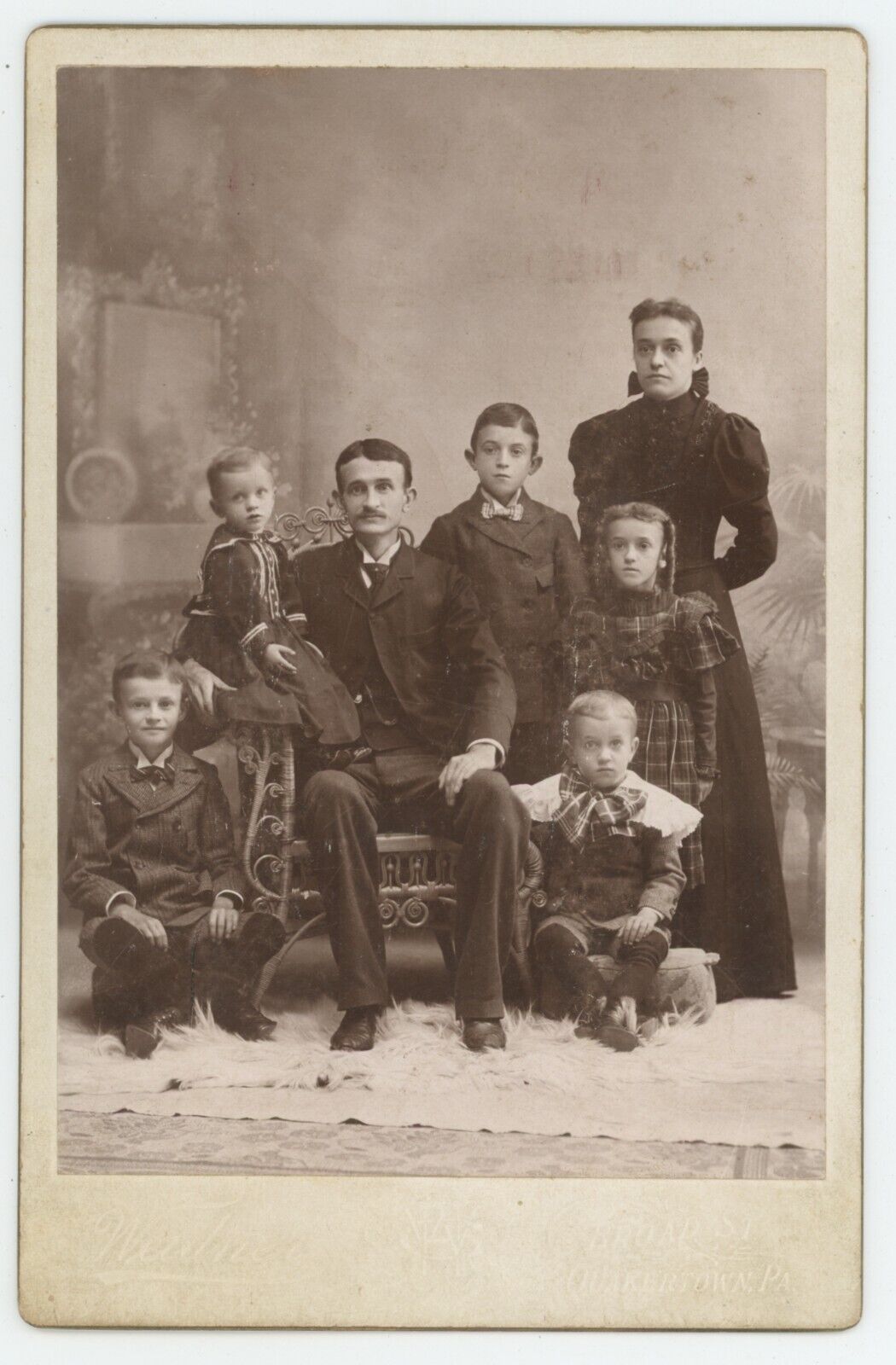 Antique c1880s Cabinet Card Large Family With 5 Adorable Children Quakertown, PA