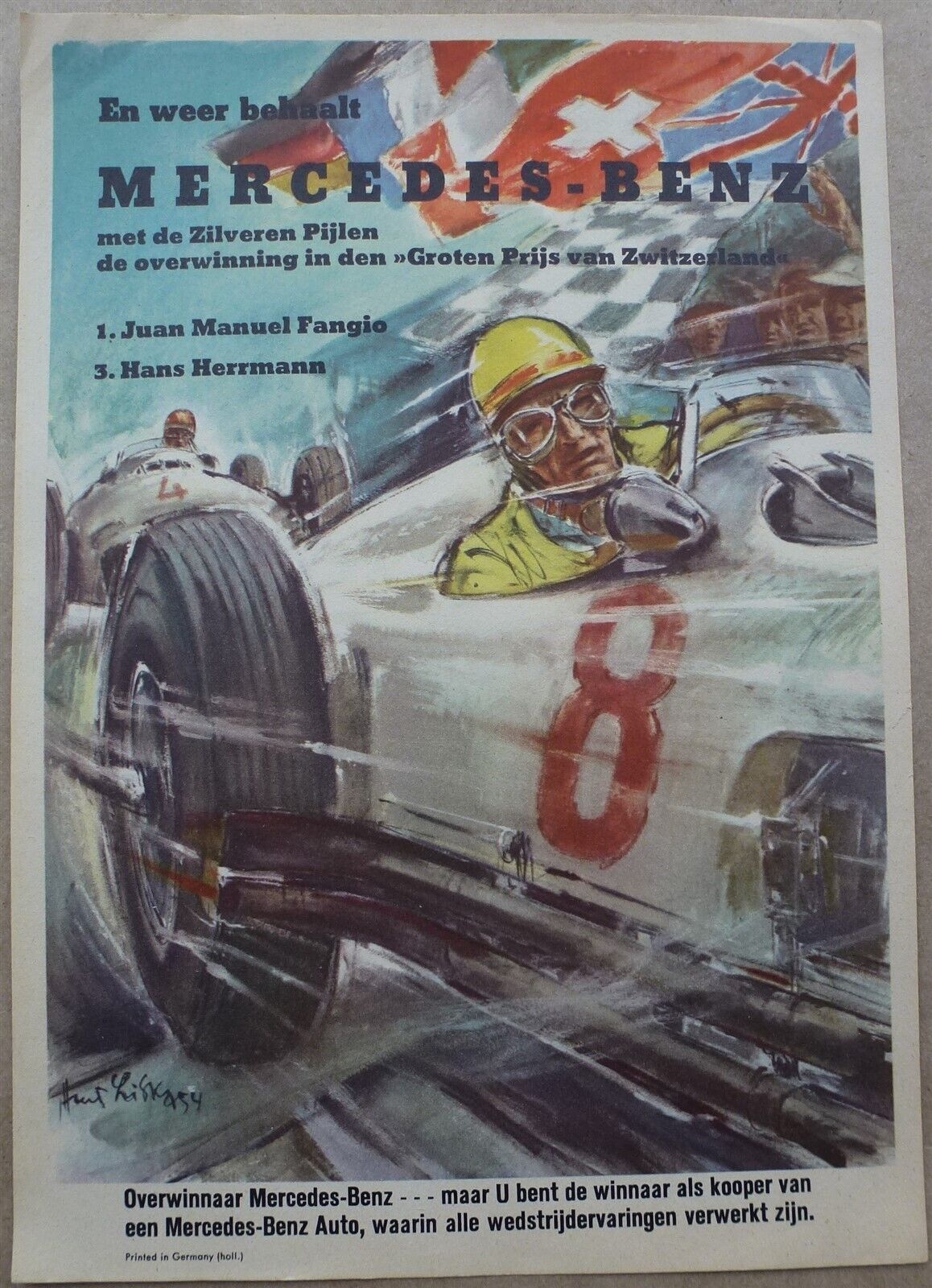 Poster Mercedes 1954 original victory poster Swiss GP Fangio by Liska Deutch V.