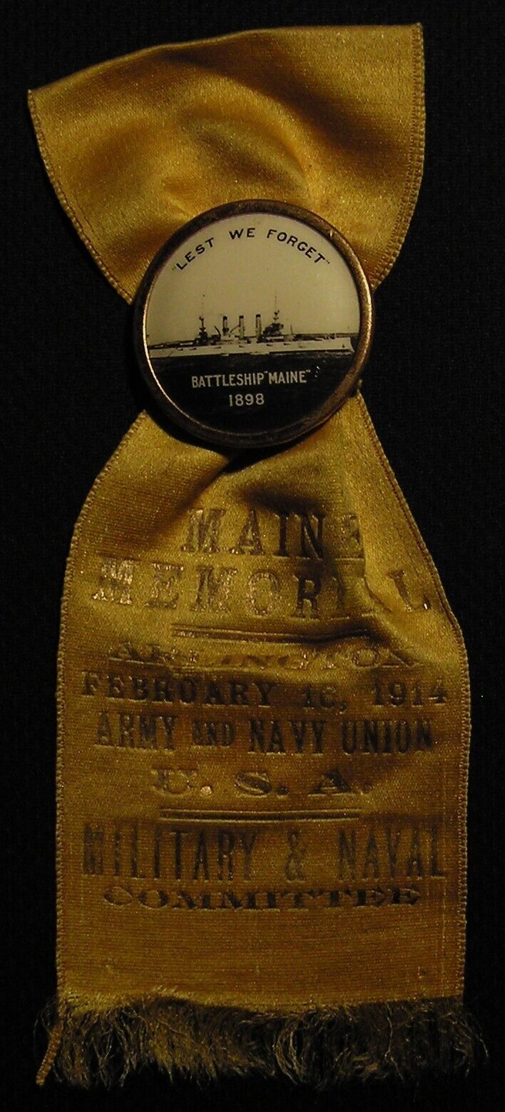 RARE 1914 BATTLESHIP USS MAINE ARLINGTON MEMORIAL COMMITTEE BADGE RIBBON