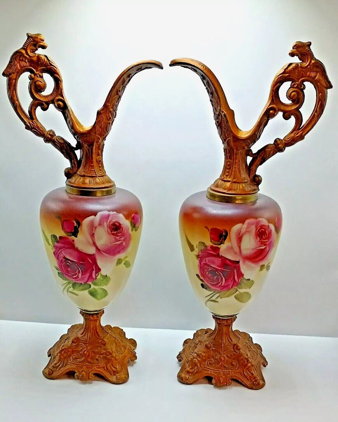 Pair of Antique Victorian Hand painted Rose Mantle Ewer Porcelain and Bronze