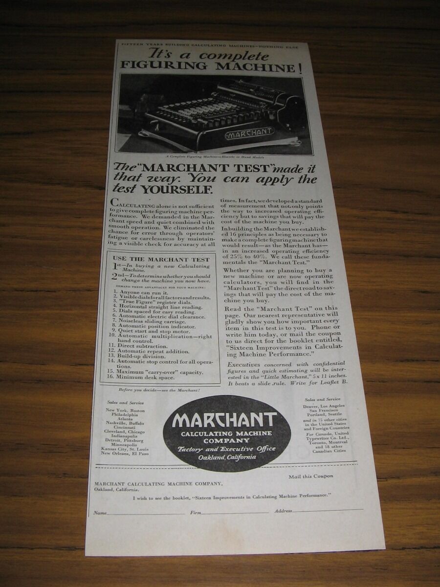 1928 Print Ad Marchant Complete Figuring Machine Calculating Oakland,CA