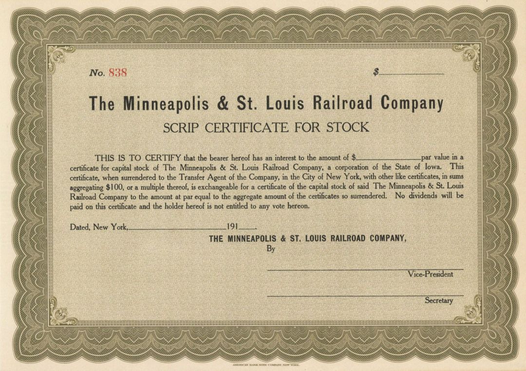 Minneapolis and St. Louis Railroad Co. - Stock Certificate - Railroad Stocks