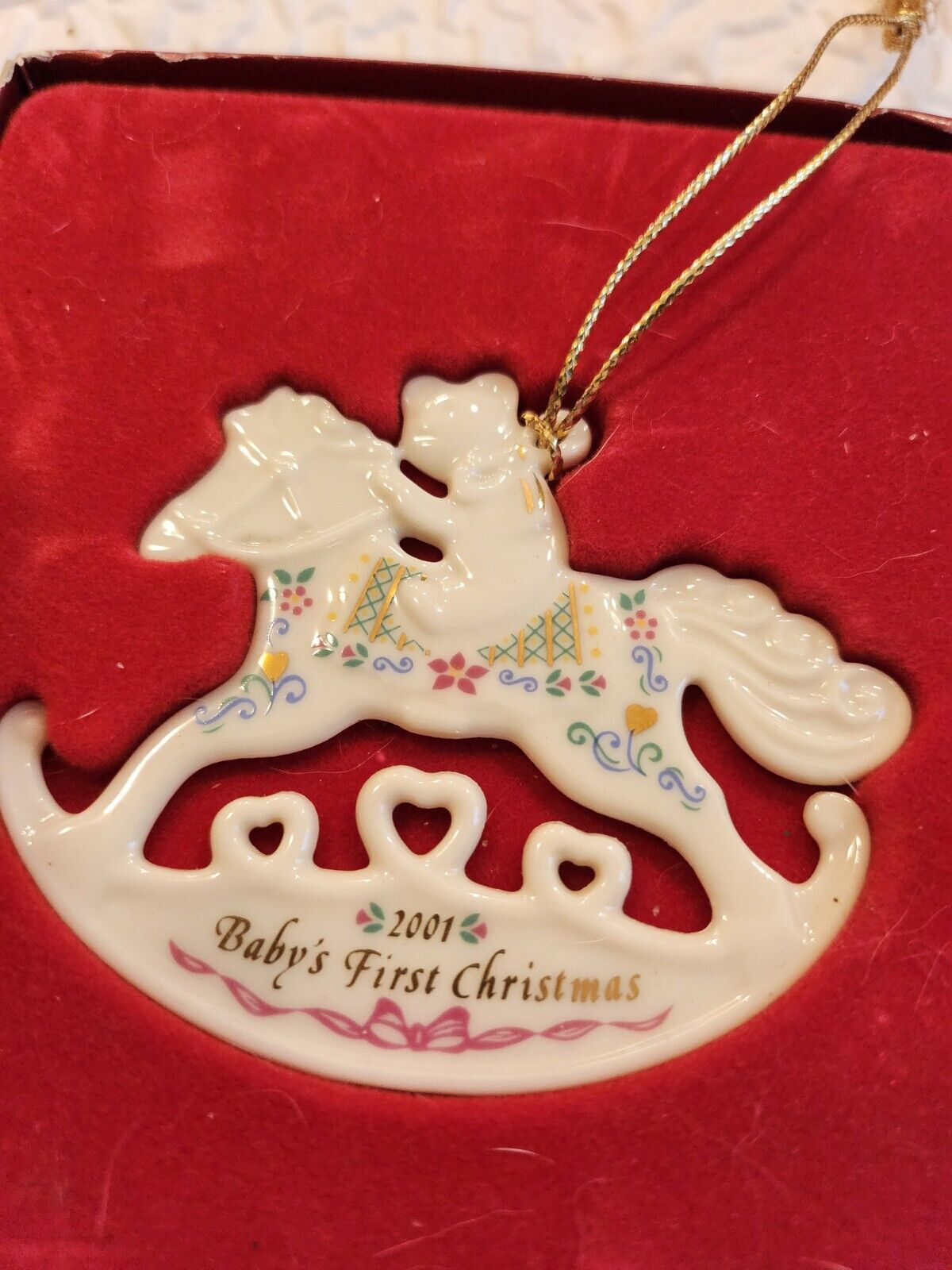 Rare Classic Lenox 2001 Baby's First Christmas Ornament in Box Rocking Horse