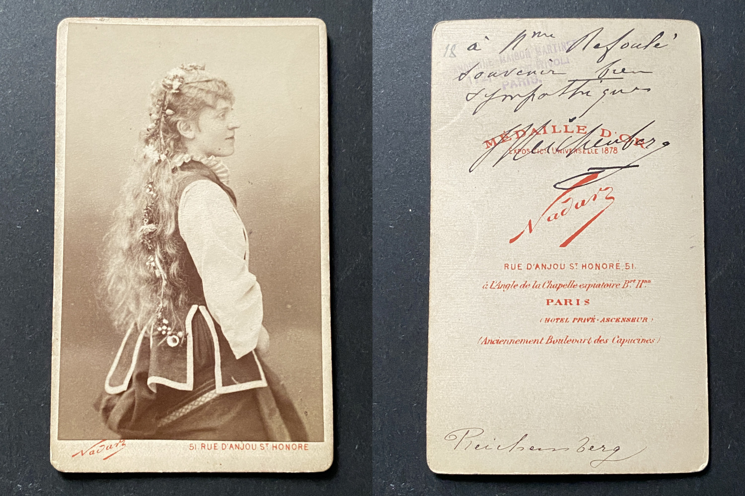 Nadar, Paris, Suzanne Reichenberg, actress, circa 1875, vintage back dedication 