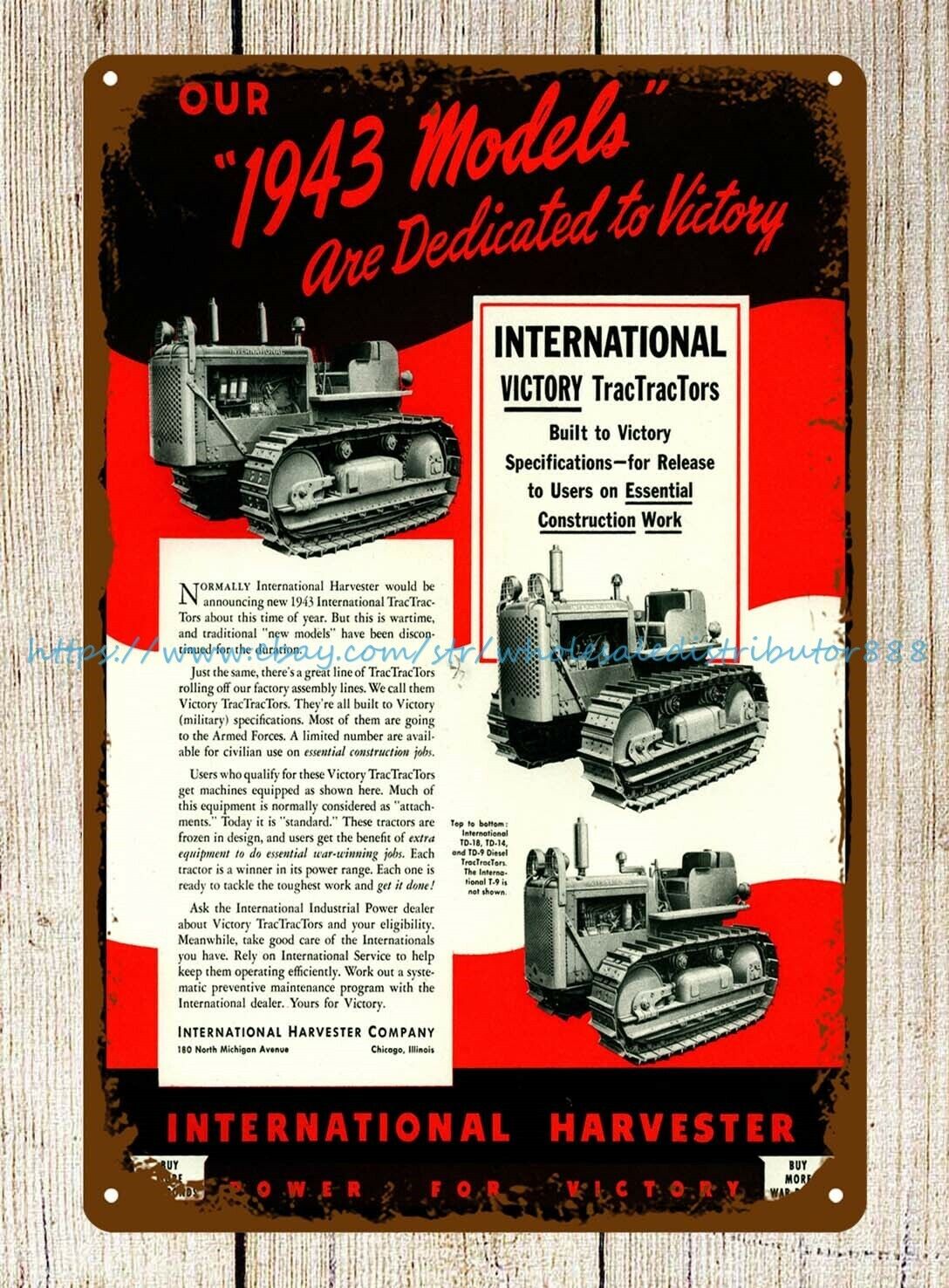 1943 International Harvester TracTracTor Crawler metal tin sign accent wall art
