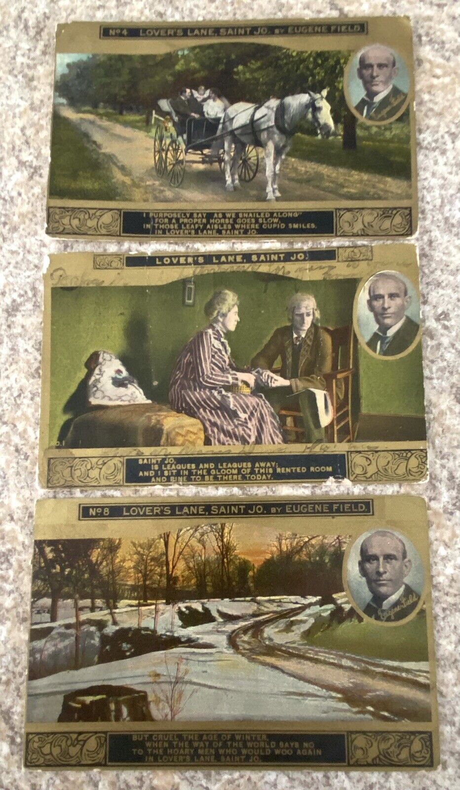 3~Vintage 1909 LOVER’S LANE, SAINT JO By Eugene Field Postcard Lot Series