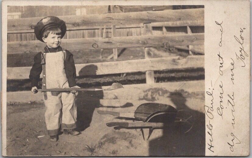 1908 Real Photo RPPC Postcard Little Boy in Garden w/ Shovel & Tiny Wheelbarrow