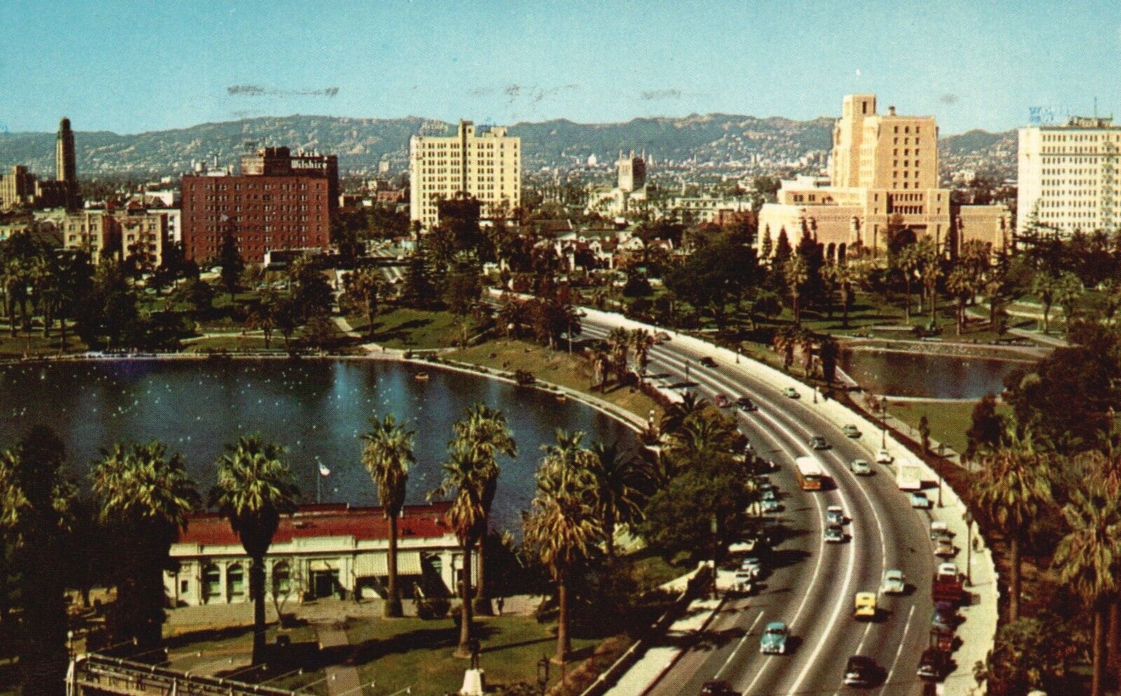 Los Angeles, CA, Wilshire Boulevard, Mac Arthur Park, 1955 Chrome Postcard b7832