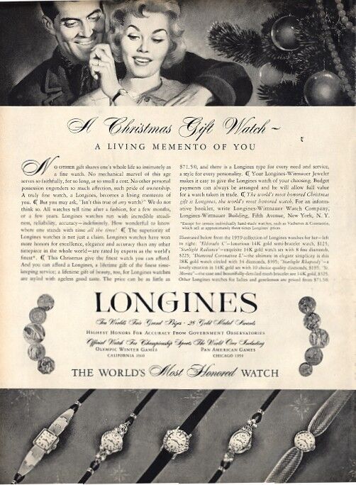 1958 Longines-Wittnauer PRINT AD Christmas gift Women Watches 5 models 