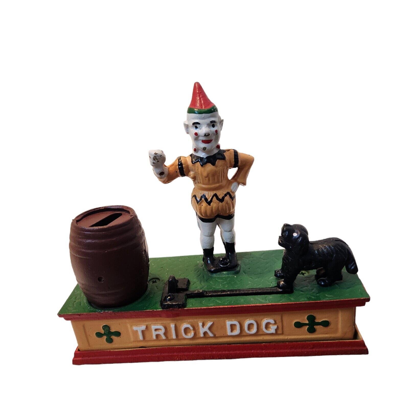 Vintage Cast Iron Coin Bank Trick Dog Jester Clown Works No Ring